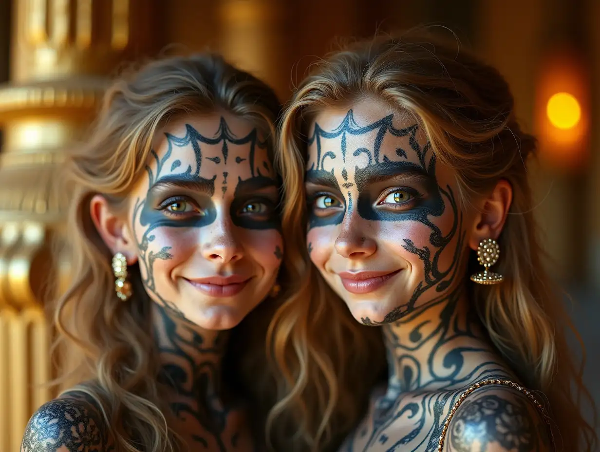 Two young black and white patterned girls with alien face, with golden hair, with a slight smile on her face, highlighting her smile, modern retro jewelry, in a temple with much gold various shades 4k