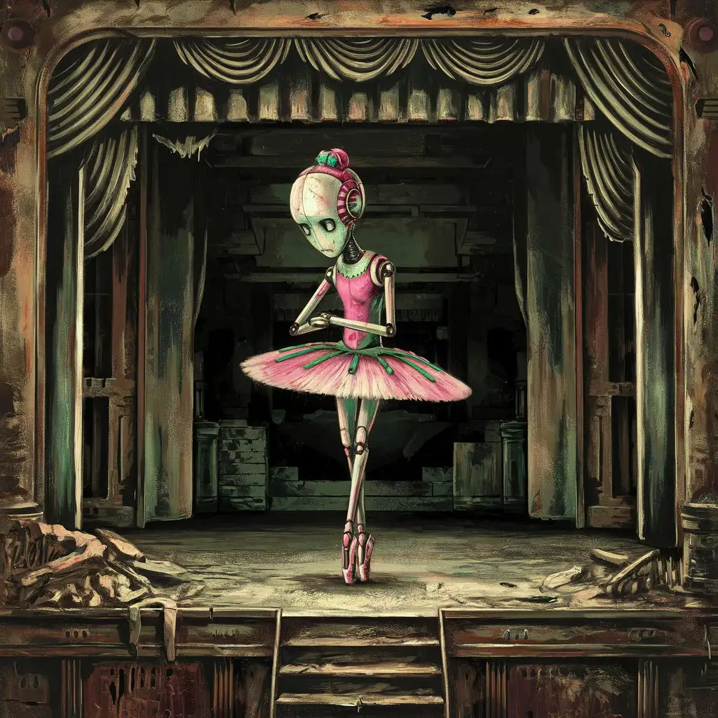 A painting in the style of Michael Whelan, cybernetic ballet, a very thin robot girl in the image of a ballerina on an old abandoned stage stands sadly in a ballerina costume, pink-green light ballerina costume, the scene is old and visible destruction and desolation, grunge, cyber ballet, inspired by Mark Ryden, full compliance with the style of Michael Whelan, in detail, clear, high resolution