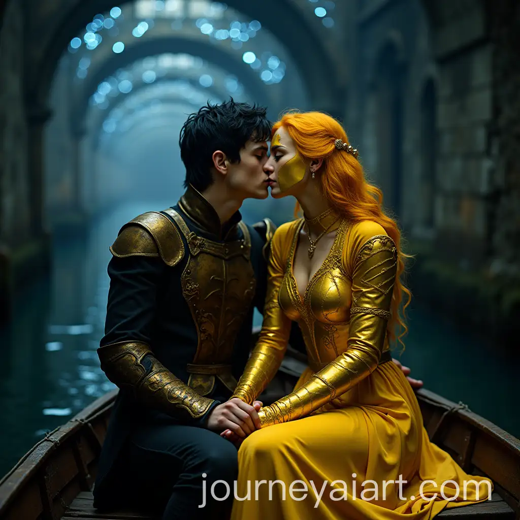 Fantasy-Romance-in-Golden-Armor-Fated-Lovers-Kiss-in-a-Quiet-Canal