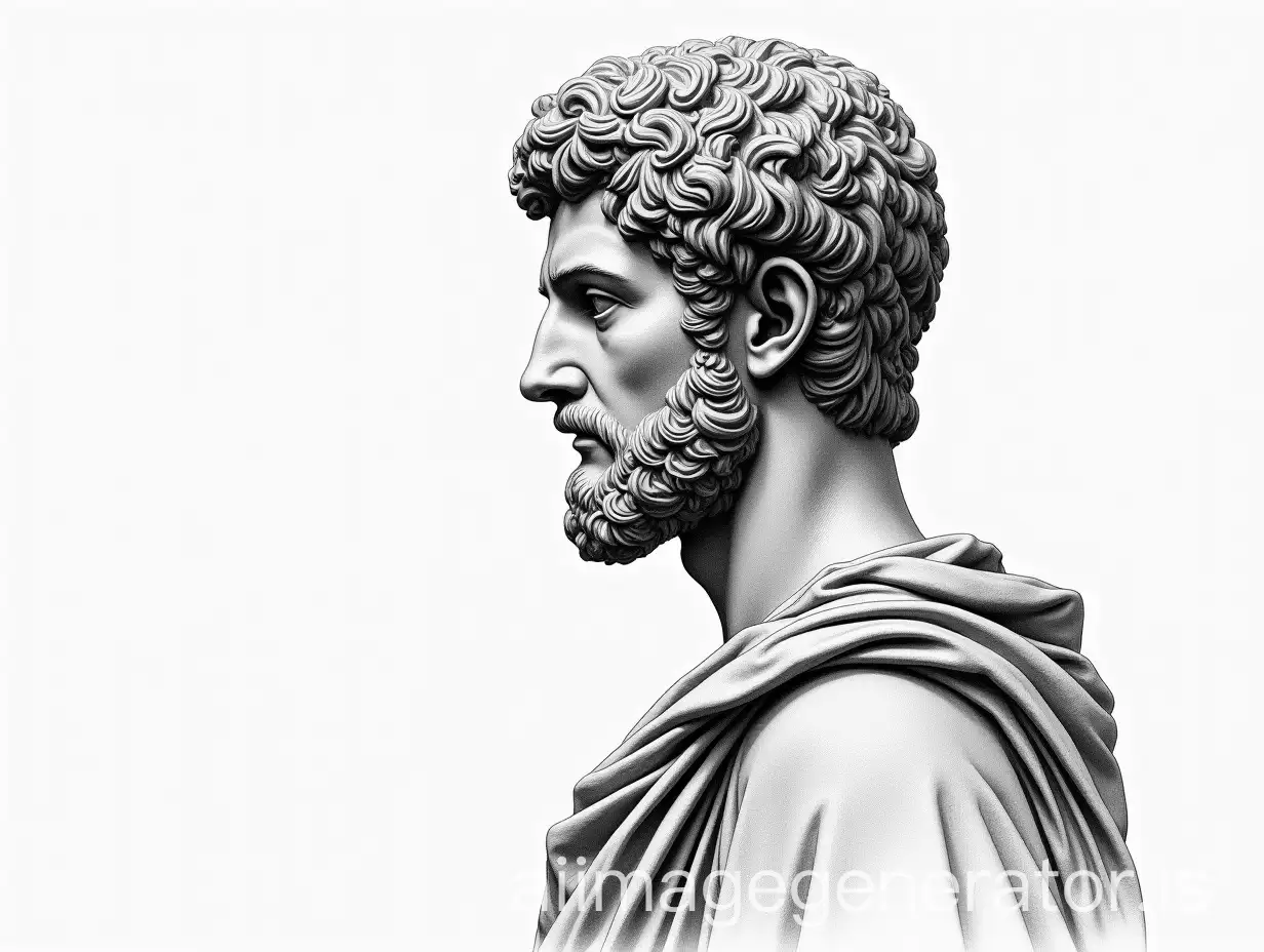 image of Marco Aurelius, Roman philosopher 3/4 profile. Drawing style. Gray and black tones