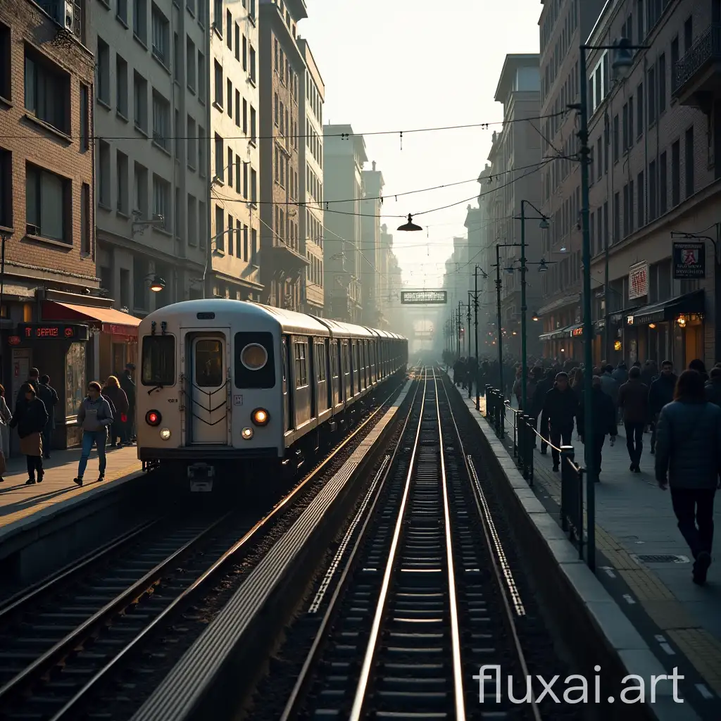 Subway train passing by streets and buildings