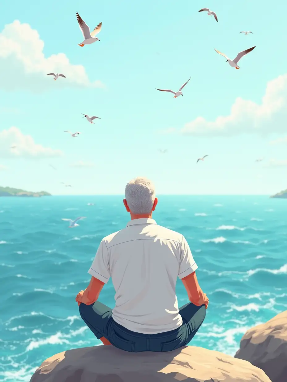 illustration of a middle-aged man, sitting on a rock, viewed from behind, relaxing while looking at the sea in front of him. Seagulls are flying in the sky, the sea is calm and sparkling