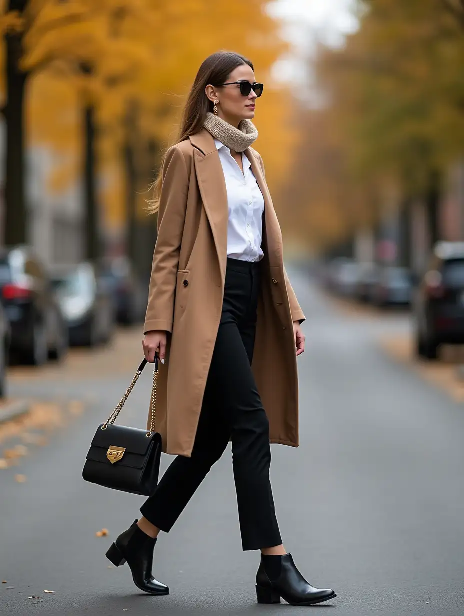 side view, full-length portrait, photo in motion, beautiful girl, walking from right to left, black straight trousers, white shirt, light brown coat open, black stylish half-boots, black bag hanging on the elbow foreground to the camera, beige scarf, sunglasses, gold earrings, autumn street background