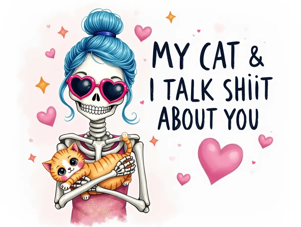 Watercolor, digital art. A playful and colorful image of a female skeleton with vibrant blue hair and pink heart-shaped sunglasses. She holds a small, adorable kitten in her arms, surrounded by hearts and stars. The background is a pastel gradient with a touch of glitter. The overall style is detailed and whimsical, capturing the joy and bond between a human and a cat. featuring the word 'My Cat & I Talk Shit About You' in bold, right it.