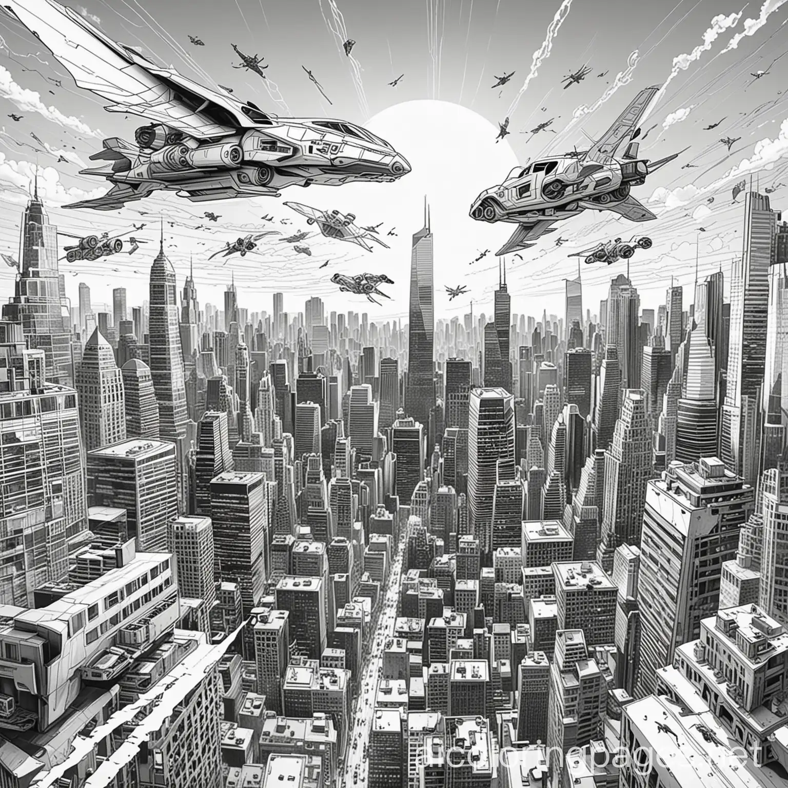 Superheroes flying over a futuristic city skyline with action-packed scenes., Coloring Page, black and white, line art, white background, Simplicity, Ample White Space. The background of the coloring page is plain white to make it easy for young children to color within the lines. The outlines of all the subjects are easy to distinguish, making it simple for kids to color without too much difficulty