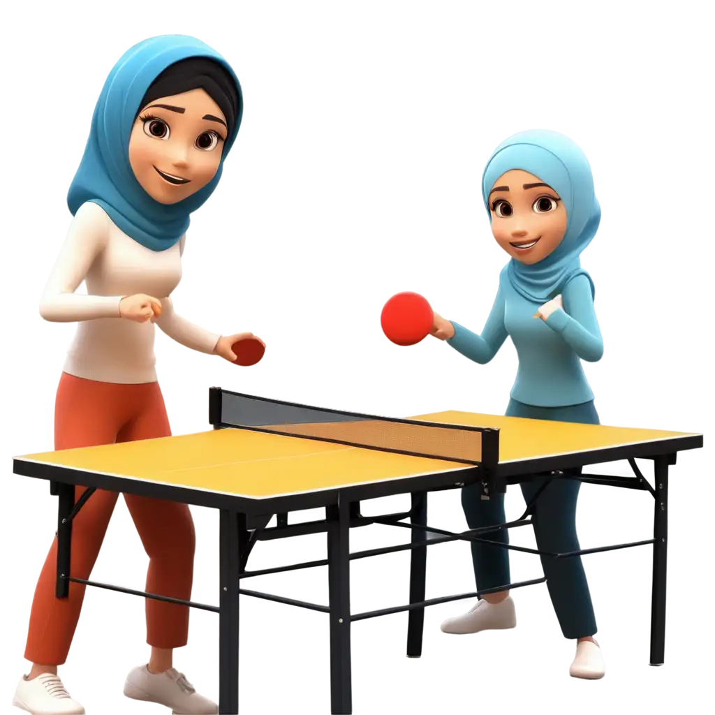 Animated-Cartoon-PNG-Image-of-a-Muslim-Woman-with-Hijab-Playing-Table-Tennis-with-Her-Friend