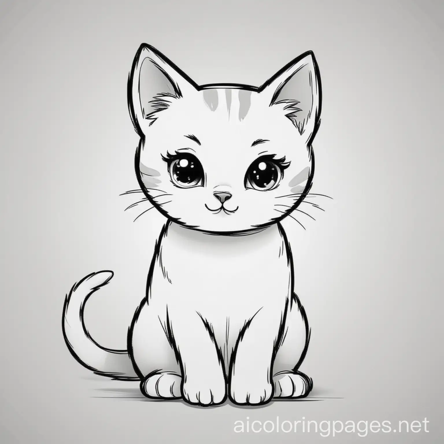 cute cat, Coloring Page, black and white, line art, white background, Simplicity, Ample White Space. The background of the coloring page is plain white to make it easy for young children to color within the lines. The outlines of all the subjects are easy to distinguish, making it simple for kids to color without too much difficulty