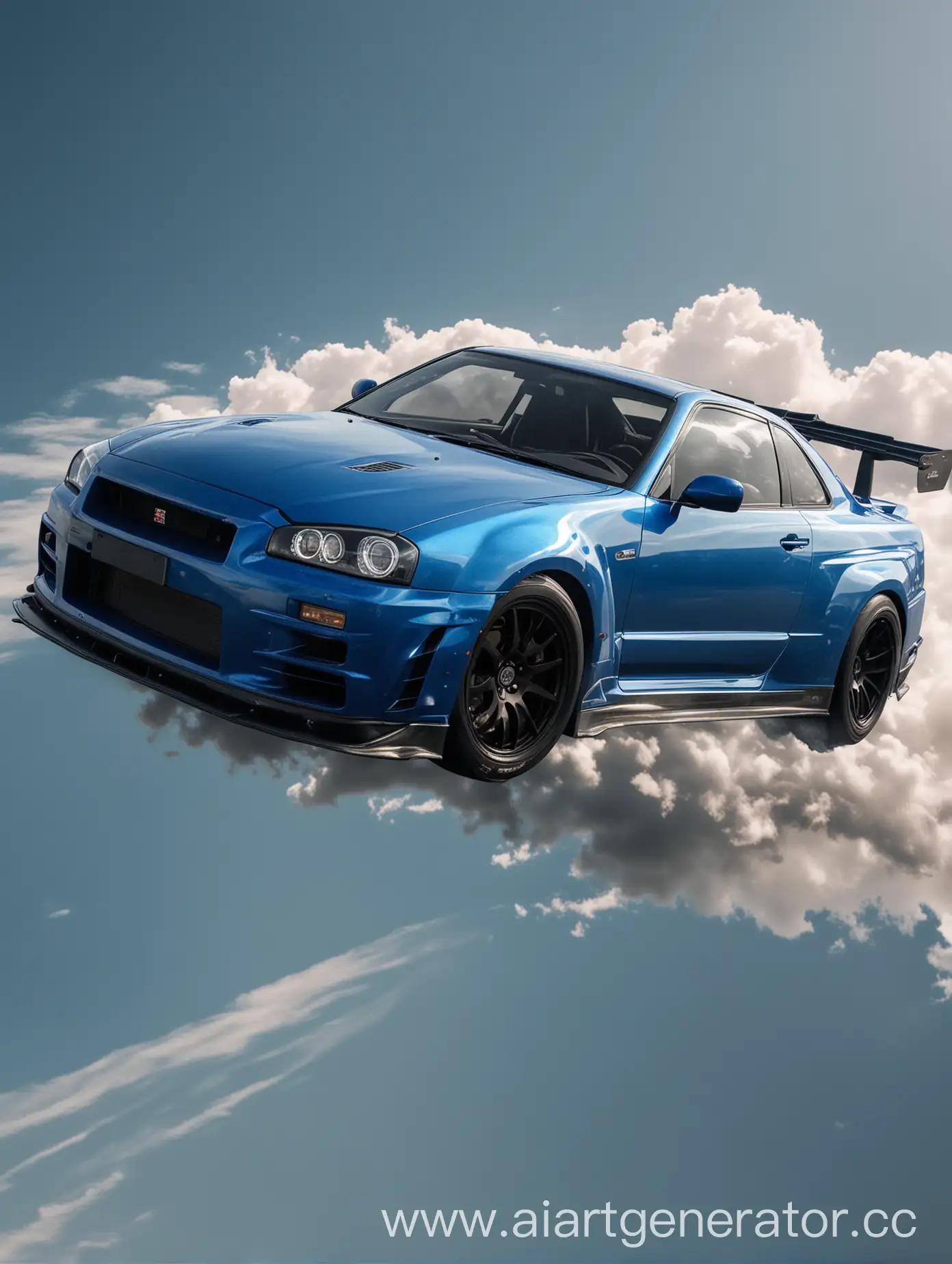 Blue-Nissan-GTR-R34-Flying-with-Side-Wings-and-Headlights-On