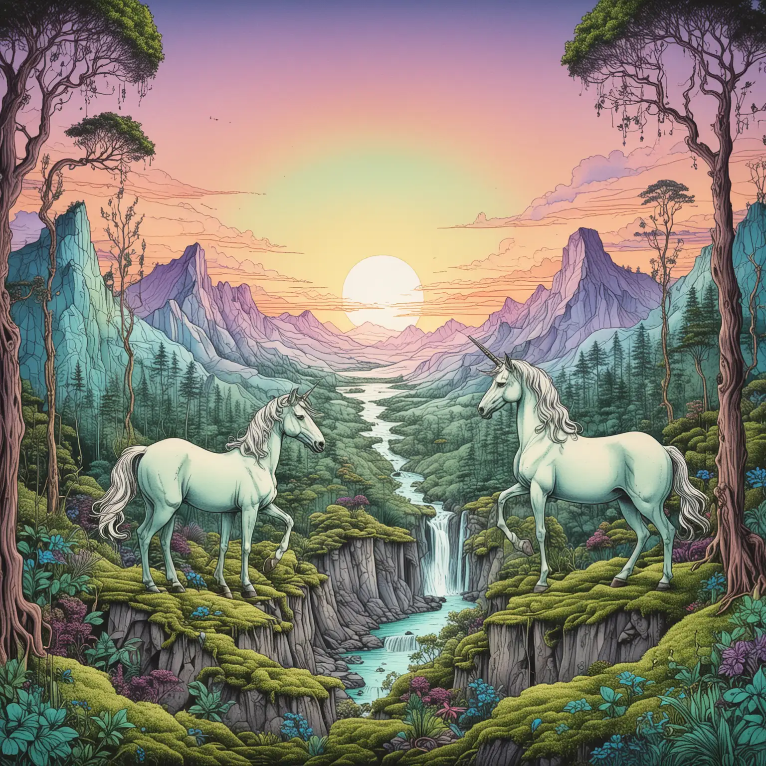 Surreal Line Drawing of Unicorn in Rainforest Sunset