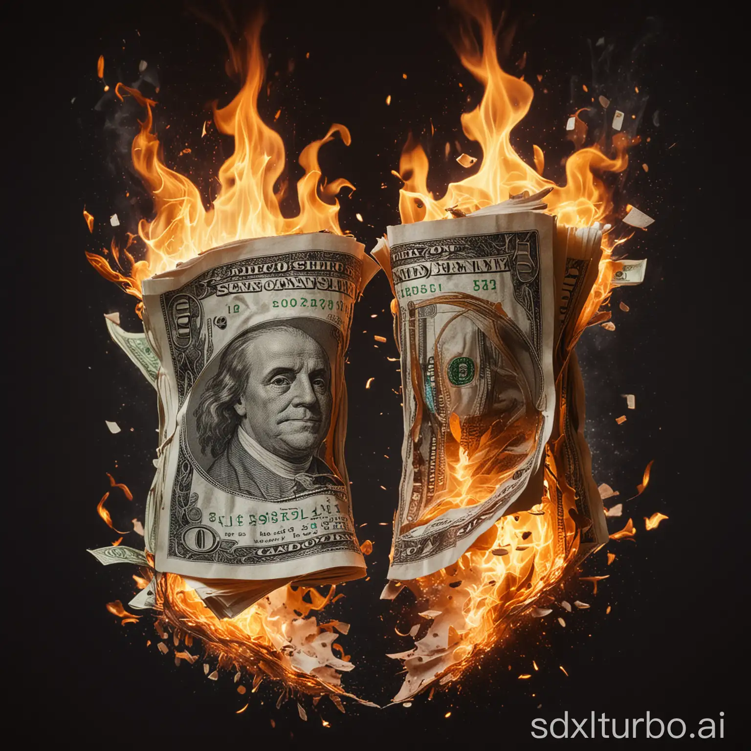 A bundle of cash split into two separate pieces, with flames emanating from the space between them.A bundle of cash split into two separate pieces, with flames emanating from the space between them.