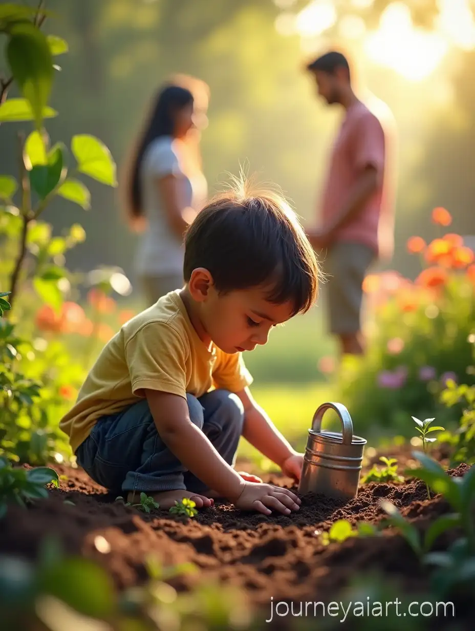 Young-Child-Planting-Seeds-in-aChild-Planting-Seeds-in-Garden-Sunlit-Garden-with-Loving-Parents-Watching