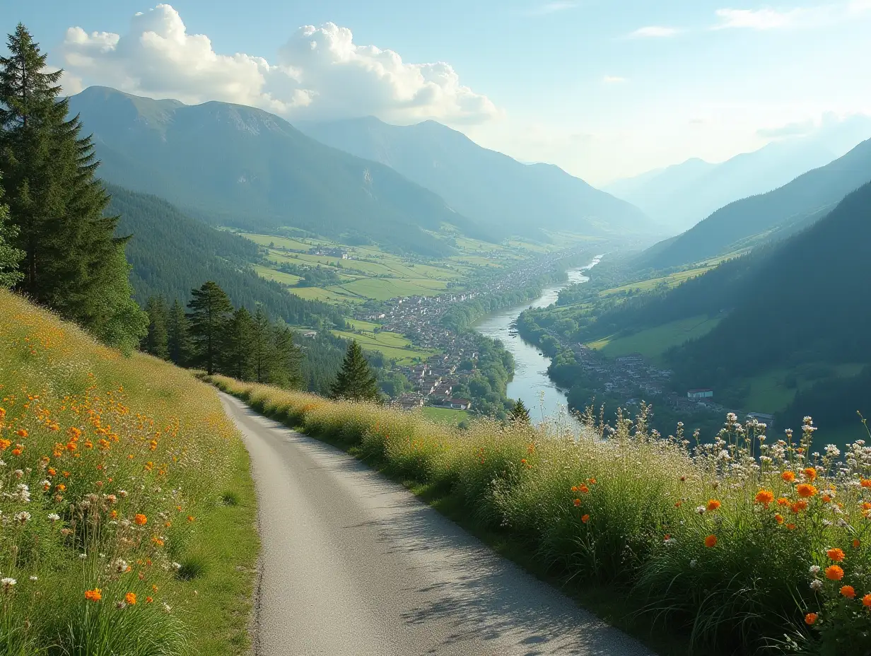 a nice view from the hill to the village down there with a road with flowers on the side and also long river