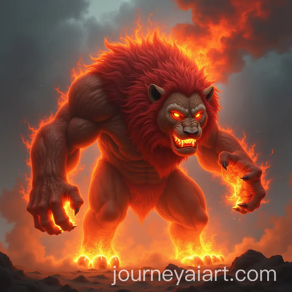 Fierce-Lion-Lava-Hybrid-Creature-Roaring-Amidst-Volcanic-Landscape