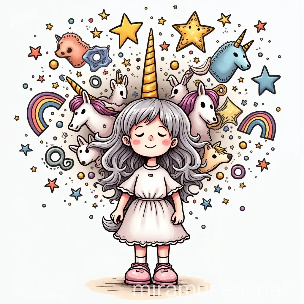 Imaginative Girl with Religion Stars Unicorns Dogs and Rainbows