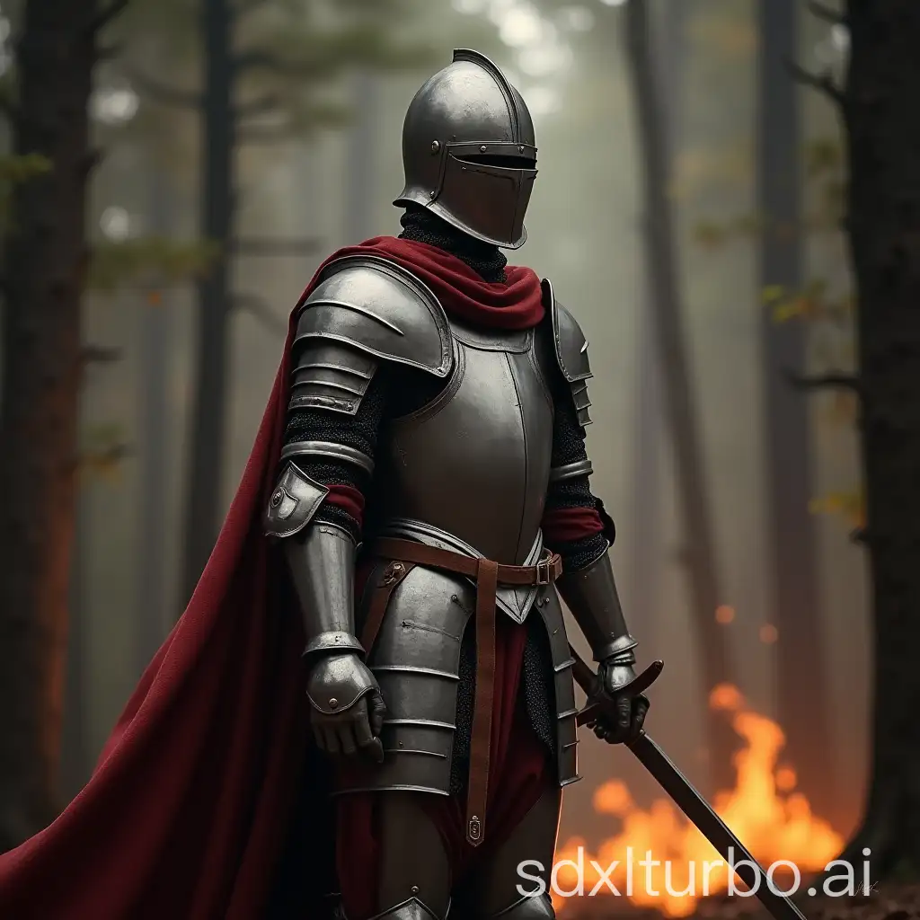 young knight wearing medieval armor with a cape in a forest on fire