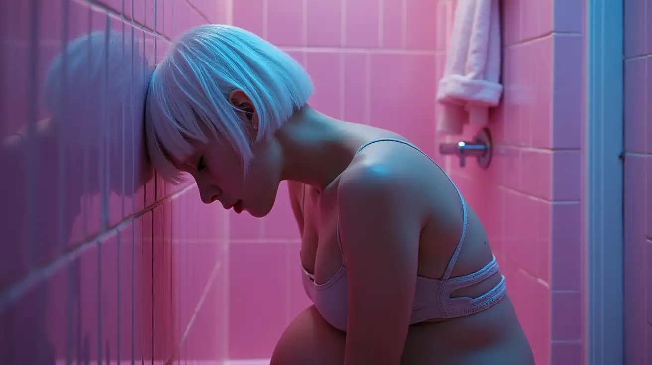 Profile-View-of-a-Girl-Resting-Head-on-Wet-Pink-School-Bath-with-Blue-Lighting