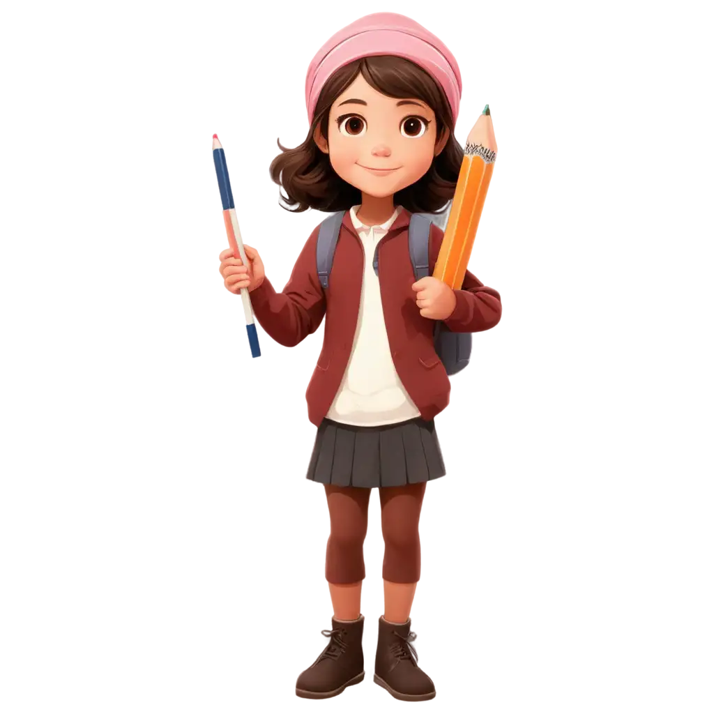elementary school girl wearing a headscarf holding a pencilncartoon mode