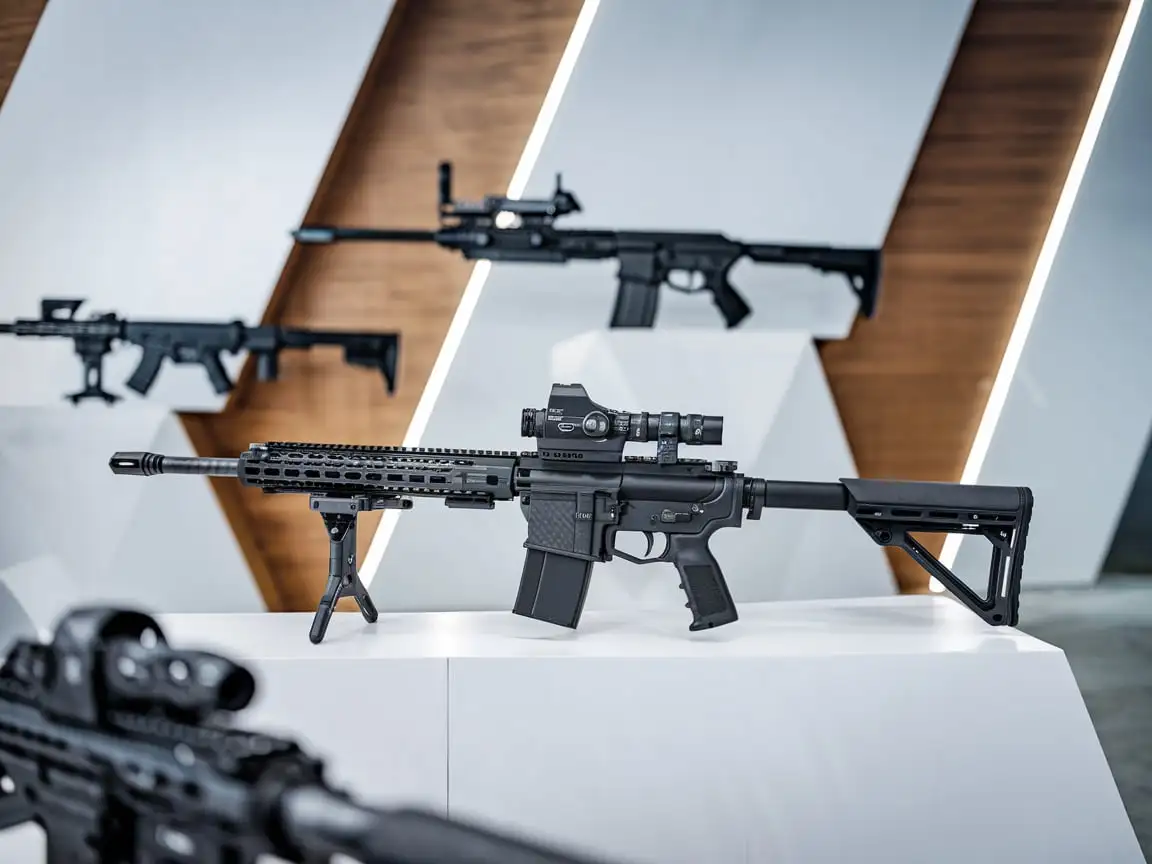 The modern white and wood interior features carbon fiber weapon prototypes. The focus of the composition is lightweight and durable models, demonstrating how innovative materials change the design and functionality of weapons.