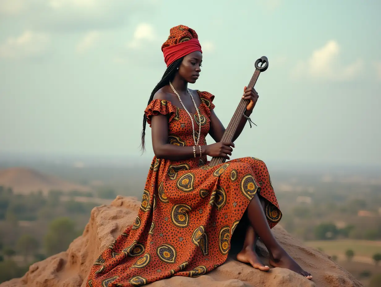 AI African woman with headscarf and long dress, an instrument in her hand on a rock 4k resolution colorful