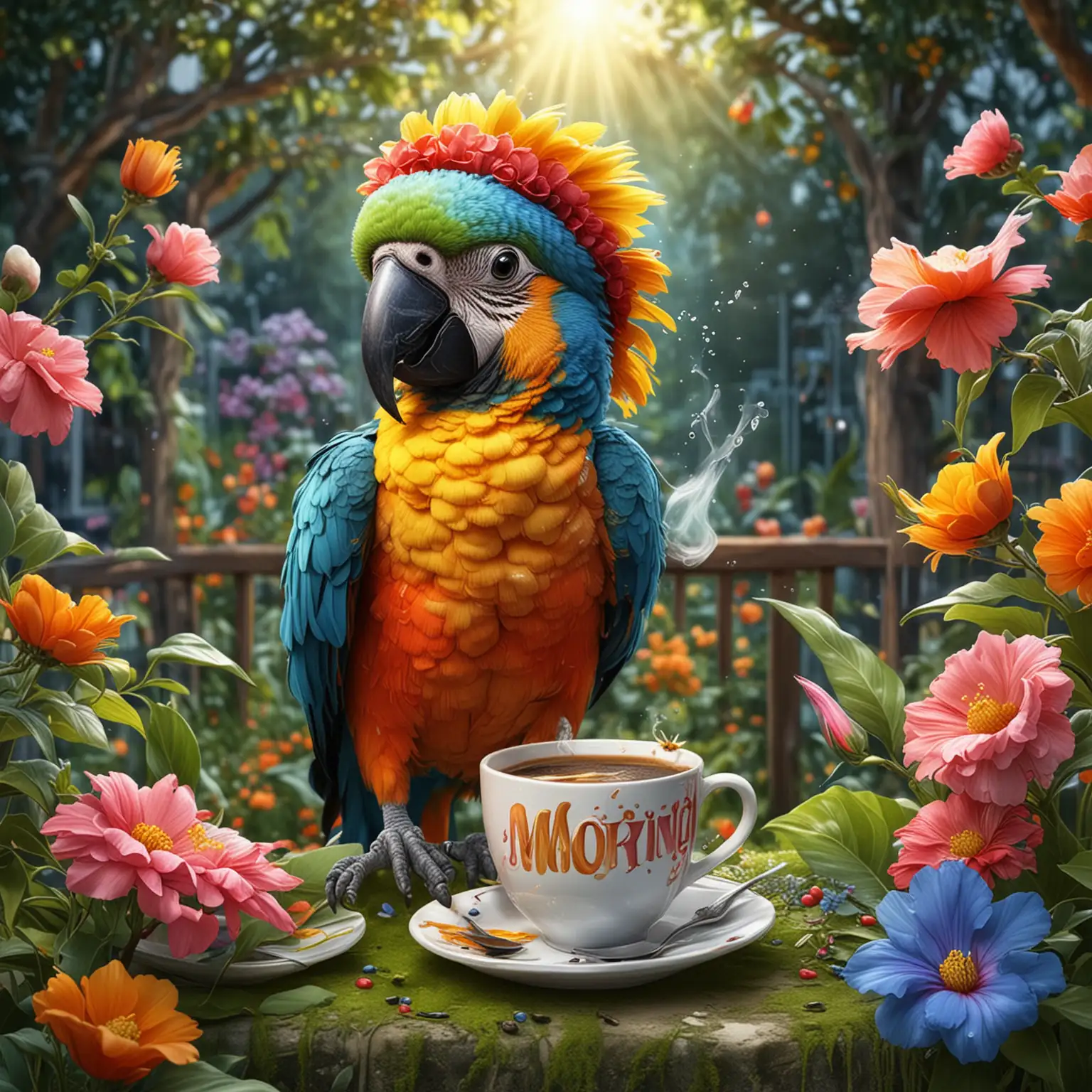 Create a beautiful and cute digital artwork in rich juicy colors. Realistic and cute parrot in night cap on head and with a cup of steming coffee in wing/hand in the morning garden. blooming flora around. Text above with sunny shiny letters saying "Good morning"