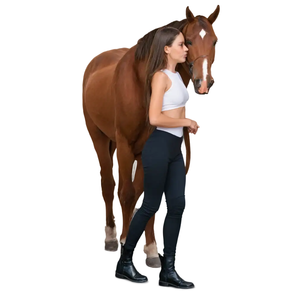 A girl is standing close to the running horse in a niche