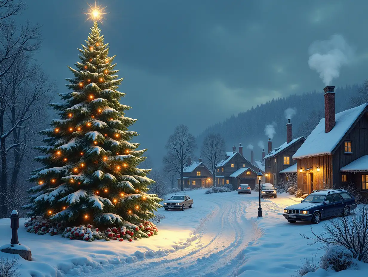 Ki fantasy with Christmas tree,snow,people cars ,houses,punch stand with smoking chimneys