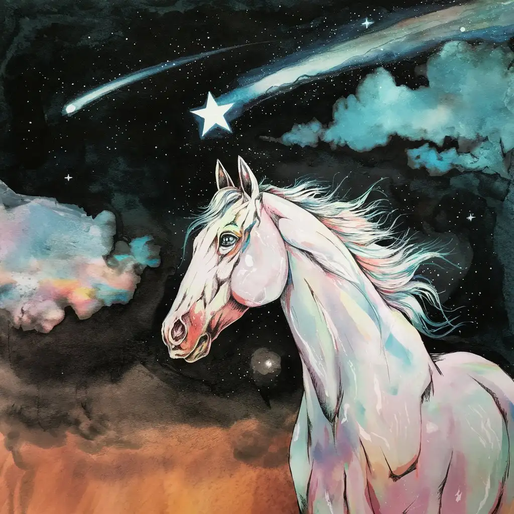 Seeing a White Horse  With an alcohol ink  Seeing a Shooting Star Twice in One Nightand watercolor background.