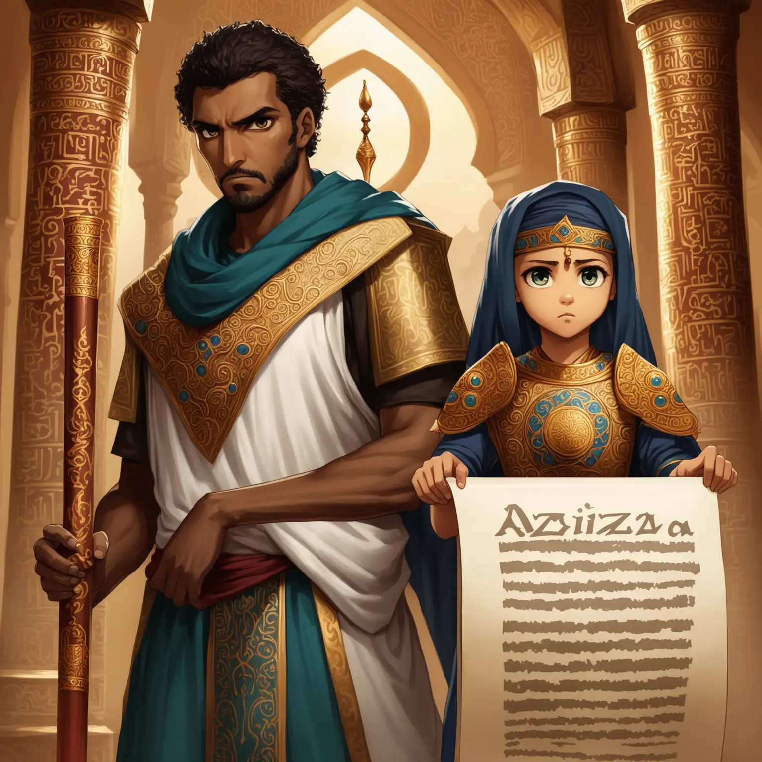 Malik holding an ancient, ornate scroll, his eyes wide with determination. Aziza stands beside him, looking serious.