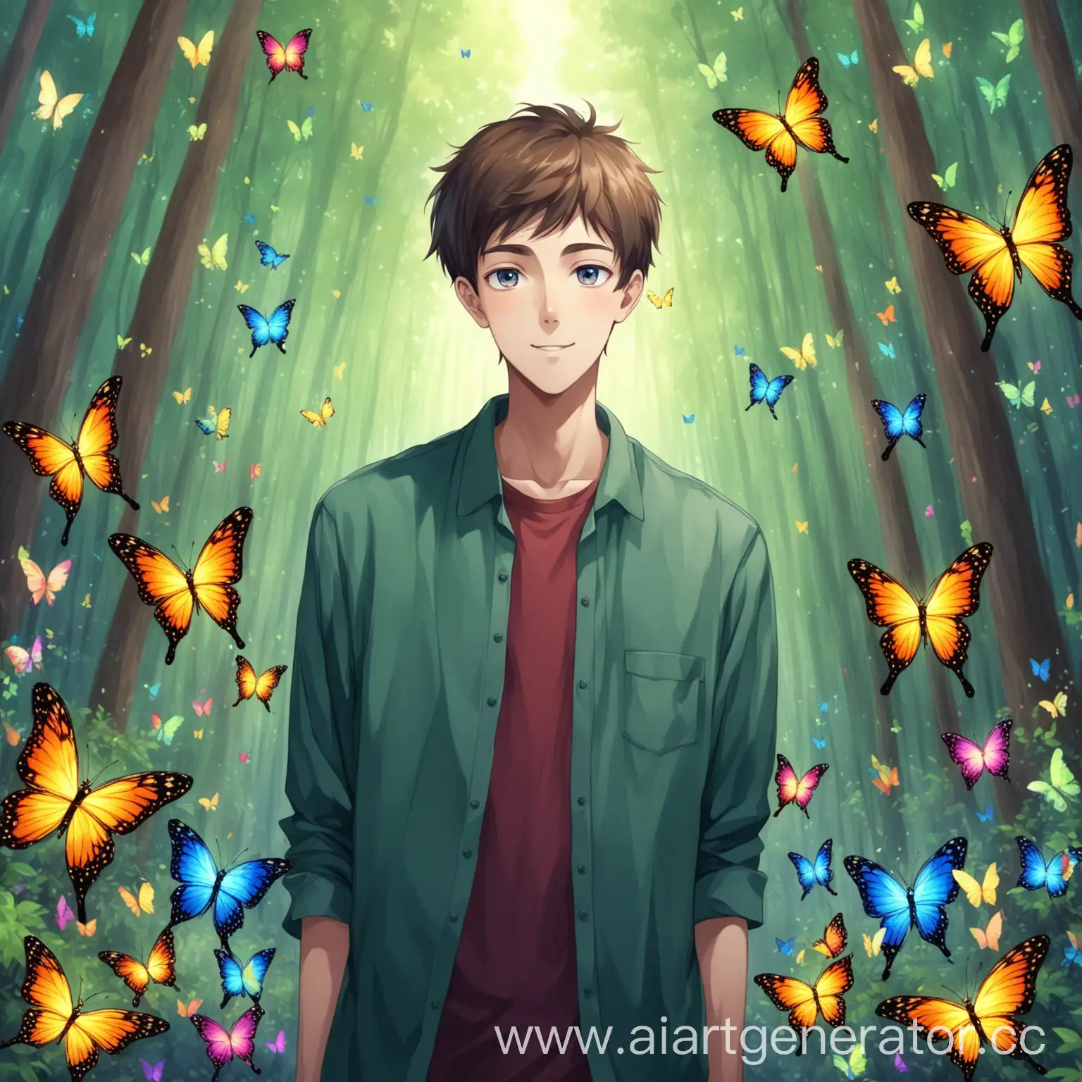 Young-Man-in-Enchanted-Forest-with-Multicolored-Butterflies