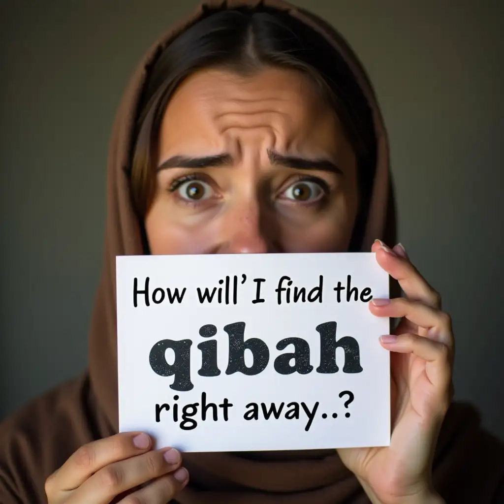 A woman holding a card that says 'How will I find the qiblah right away ...' . She has a worried expression and furrowed eyebrows.