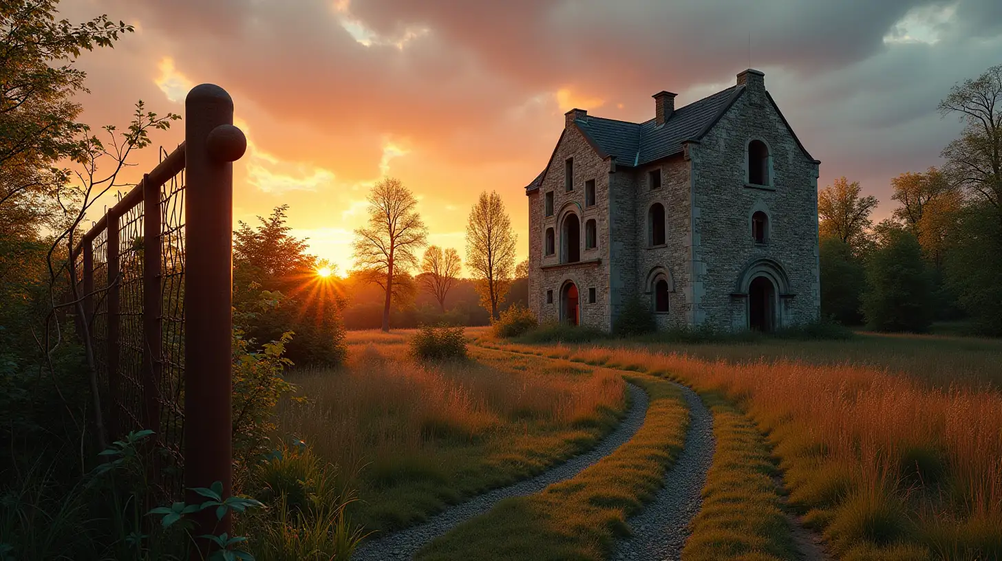 Abandoned Hospital Surrounded by Overgrown Garden at Sunset