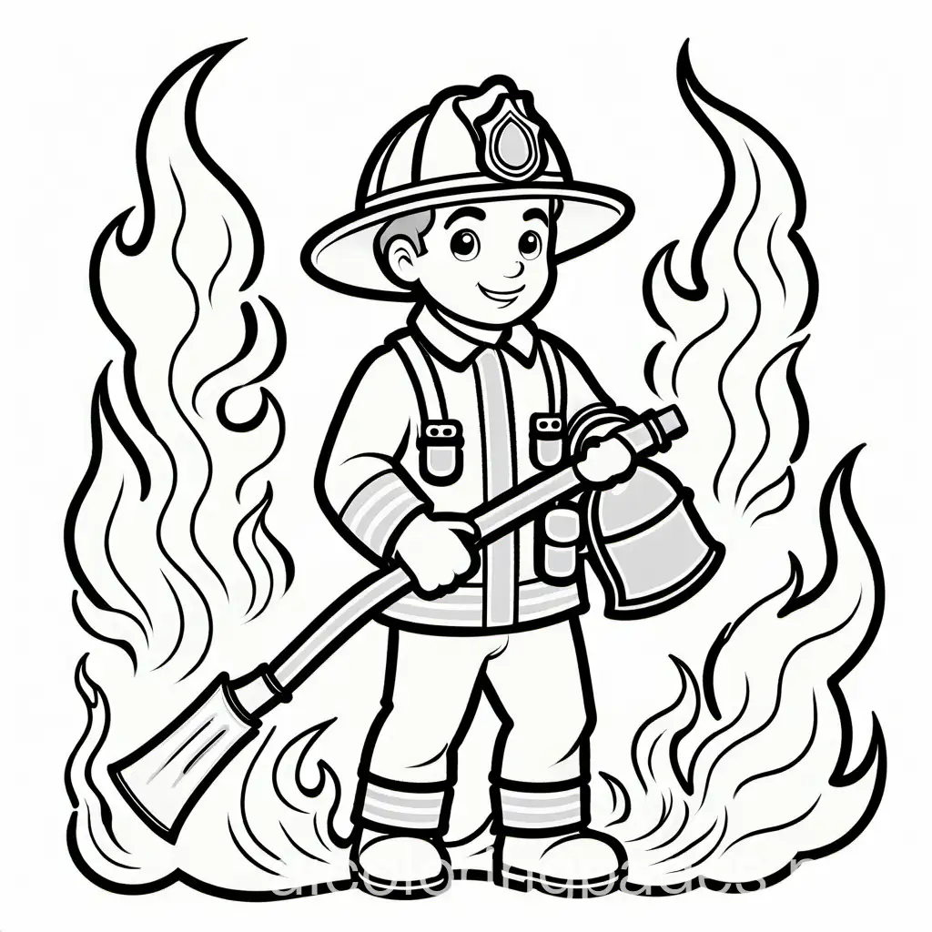 A young firefighter putting out a fire, with flames and smoke around, Coloring Page, black and white, line art, white background, Simplicity, Ample White Space. The background of the coloring page is plain white to make it easy for young children to color within the lines. The outlines of all the subjects are easy to distinguish, making it simple for kids to color without too much difficulty