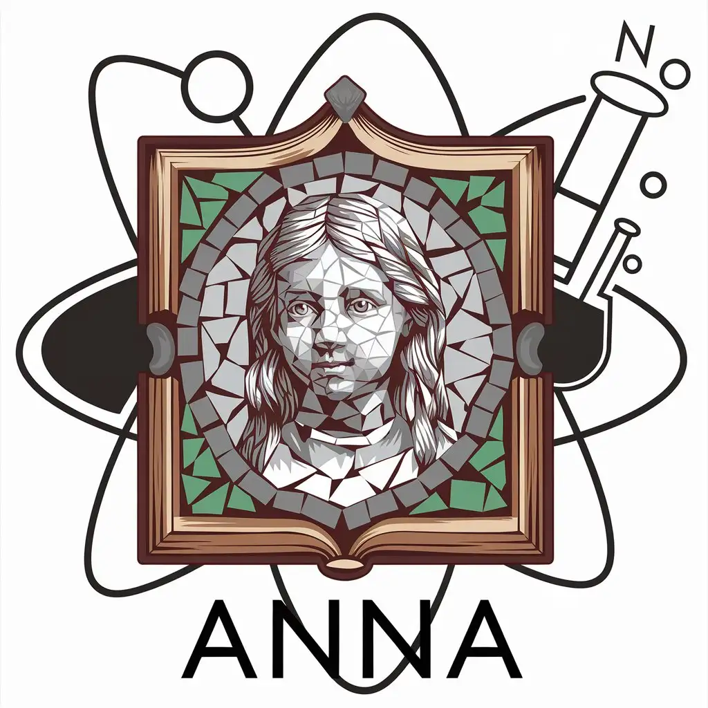 a vector logo design,with the text "Anna", main symbol:Exlibris: In the background of an atom and a chemical flask, a face of a young girl with long hair, drawn in a mosaic made from books, book leaves,Moderate,clear background