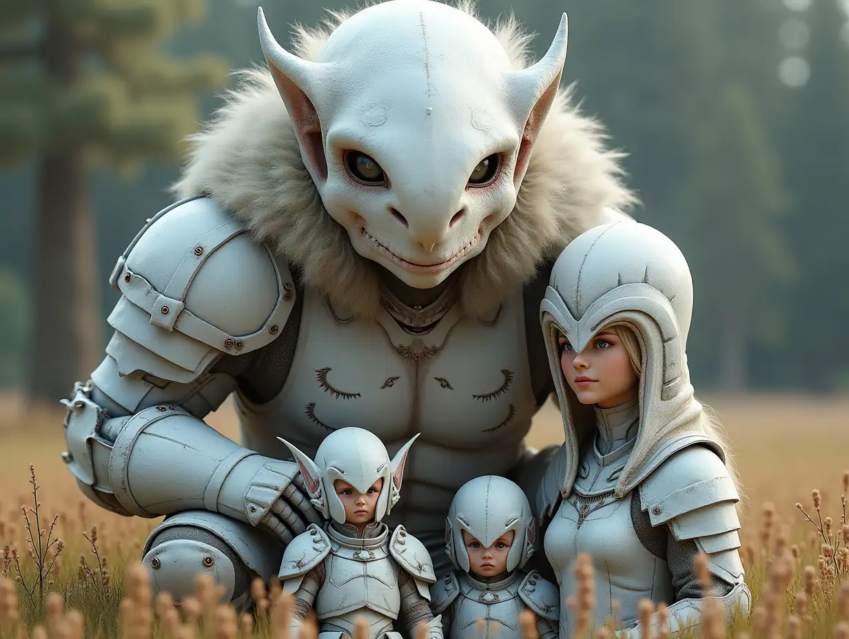 Ki-Fantasy family,Man,Woman, and Children, giant ERDMANNCHEN face and with and White Armor Equipment