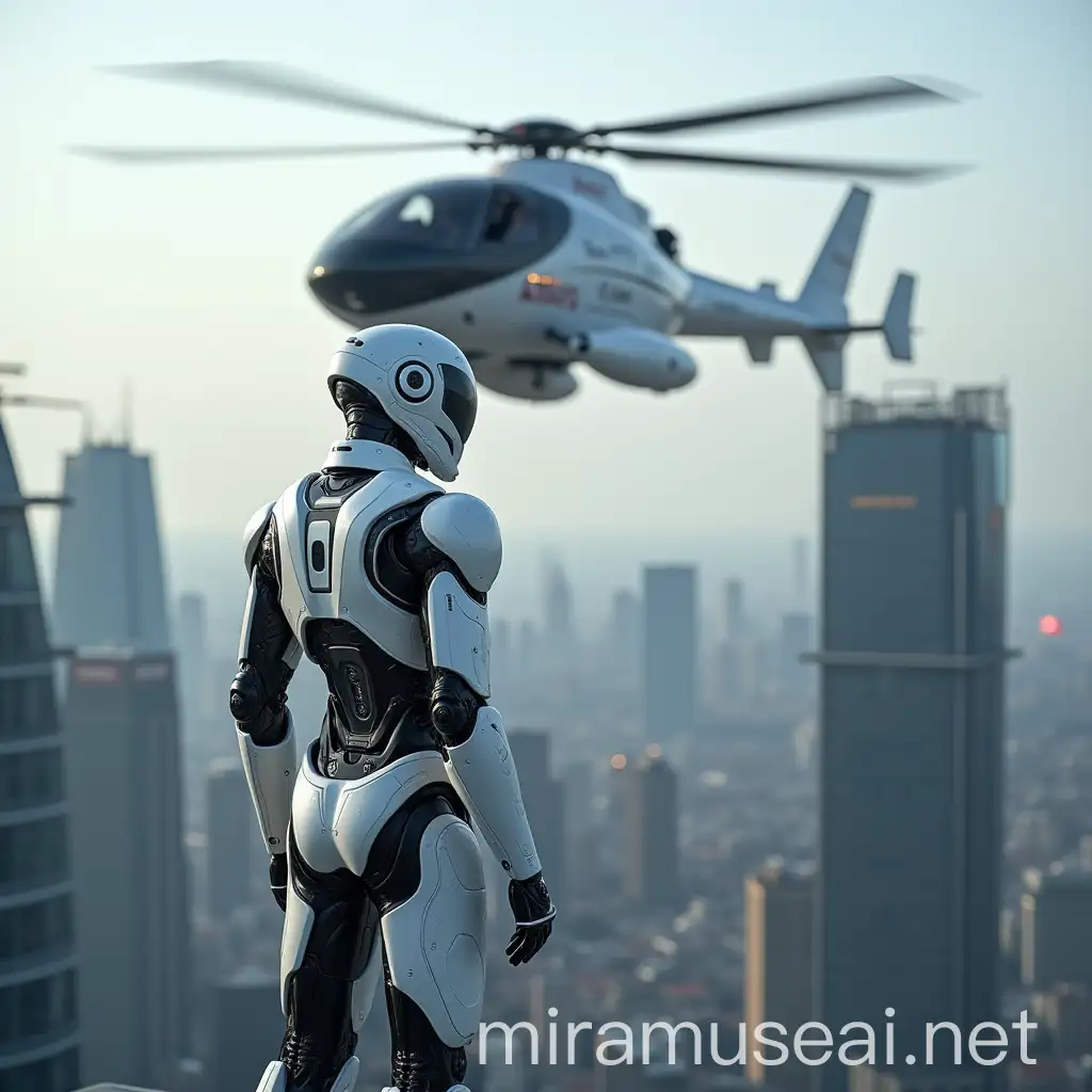 Futuristic Android in Implant Armor on Skyscraper Roof with Flying Helicopter