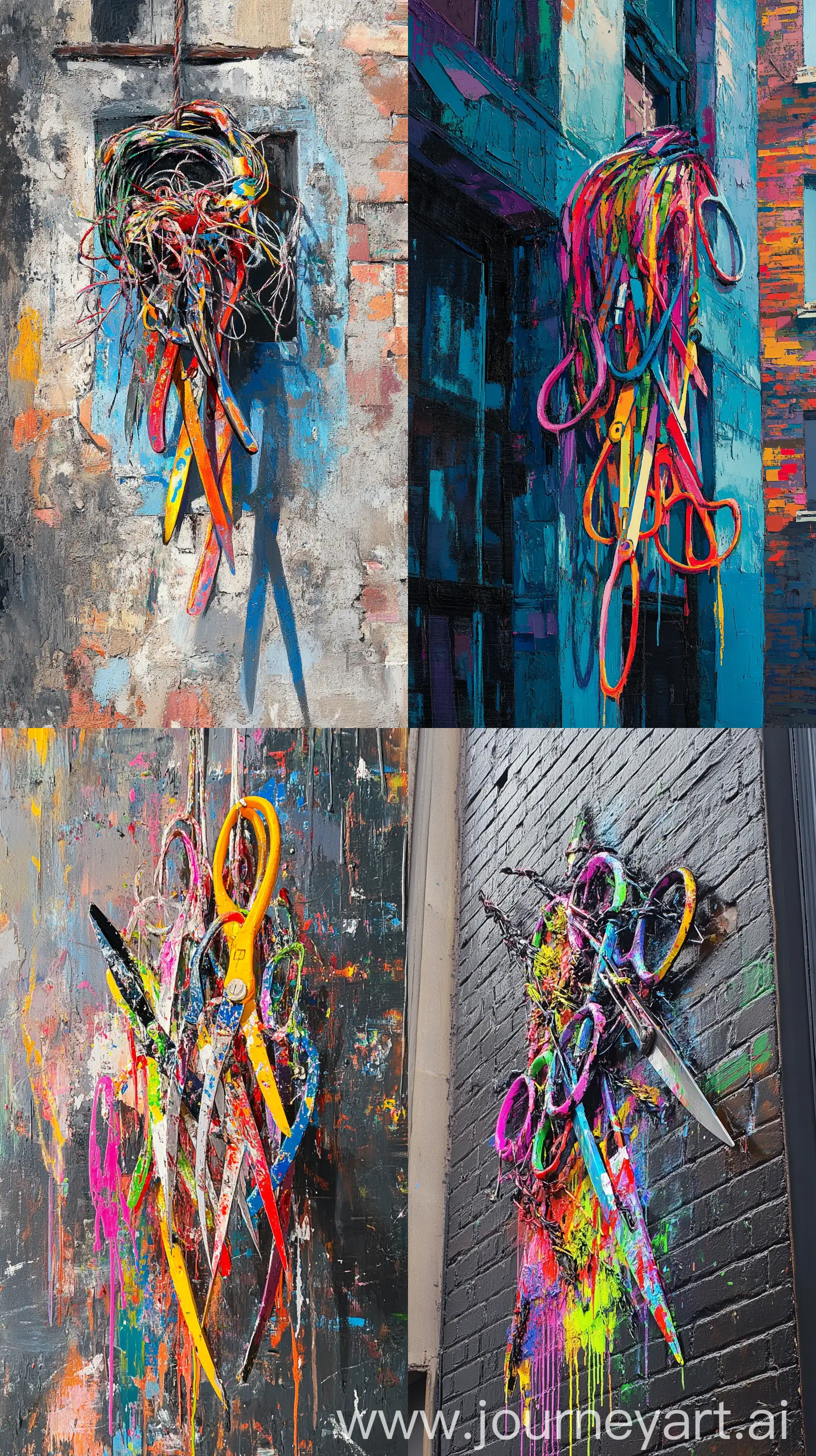 Colorful-Scissors-Hanging-from-Building-with-Energetic-Brushstrokes