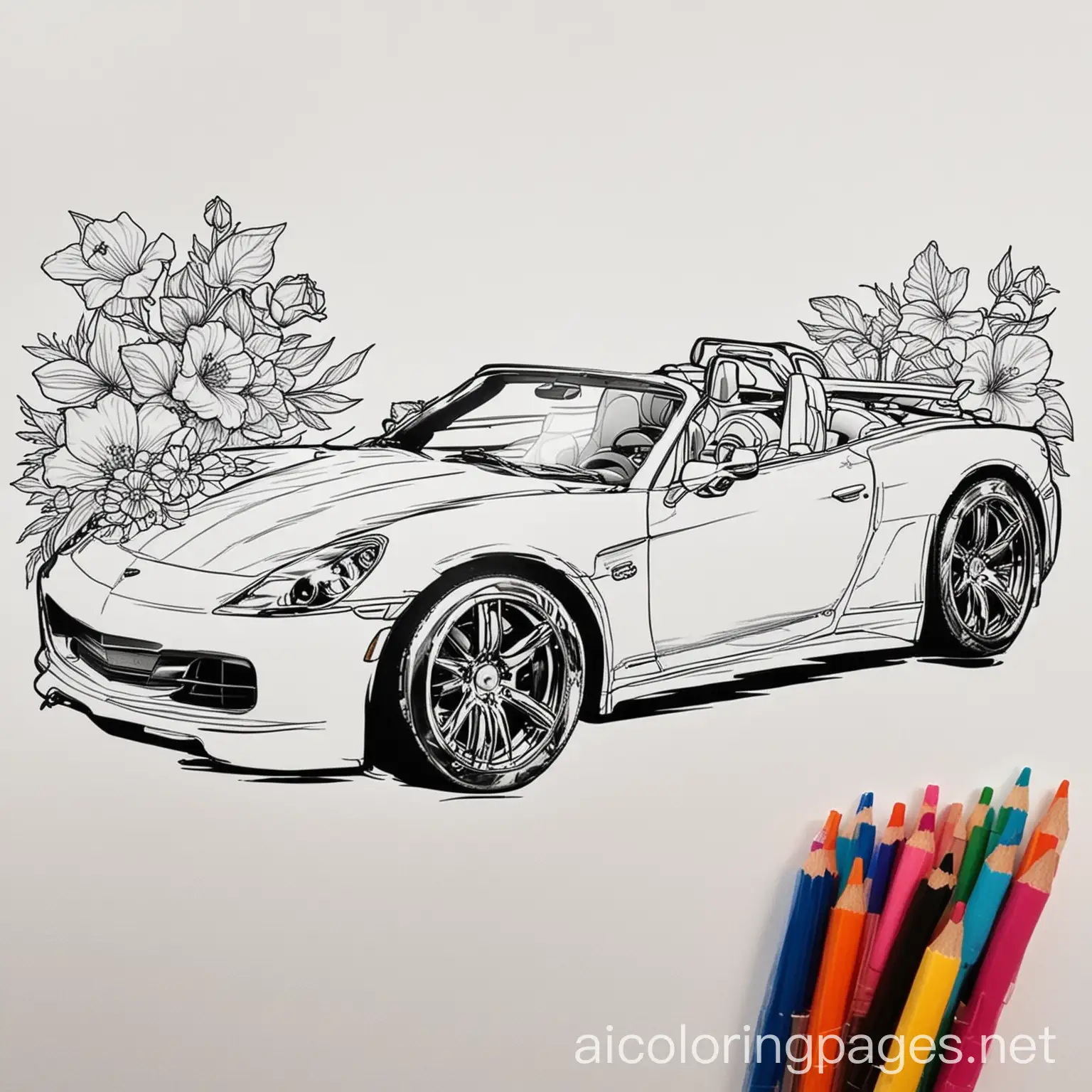 Barbie-Car-Coloring-Page-with-Floral-Design-Black-and-White-Line-Art