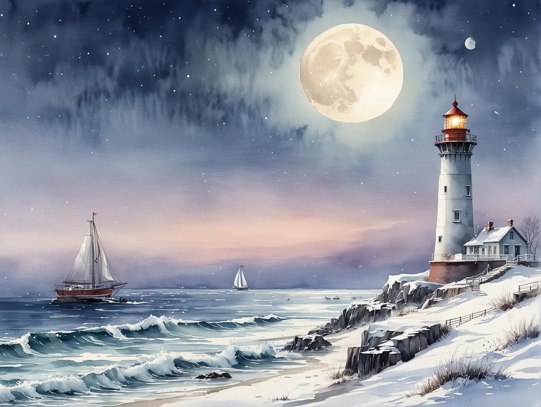 Winter-Night-Scene-with-Moon-and-Lighthouse-in-Watercolor