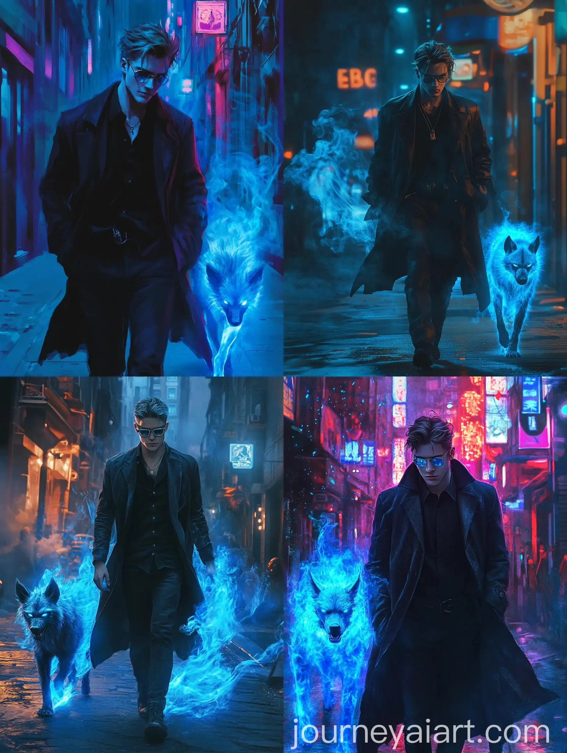 Dark-Magician-Strolling-with-Ghostly-Hyena-in-Cyberpunk-Street