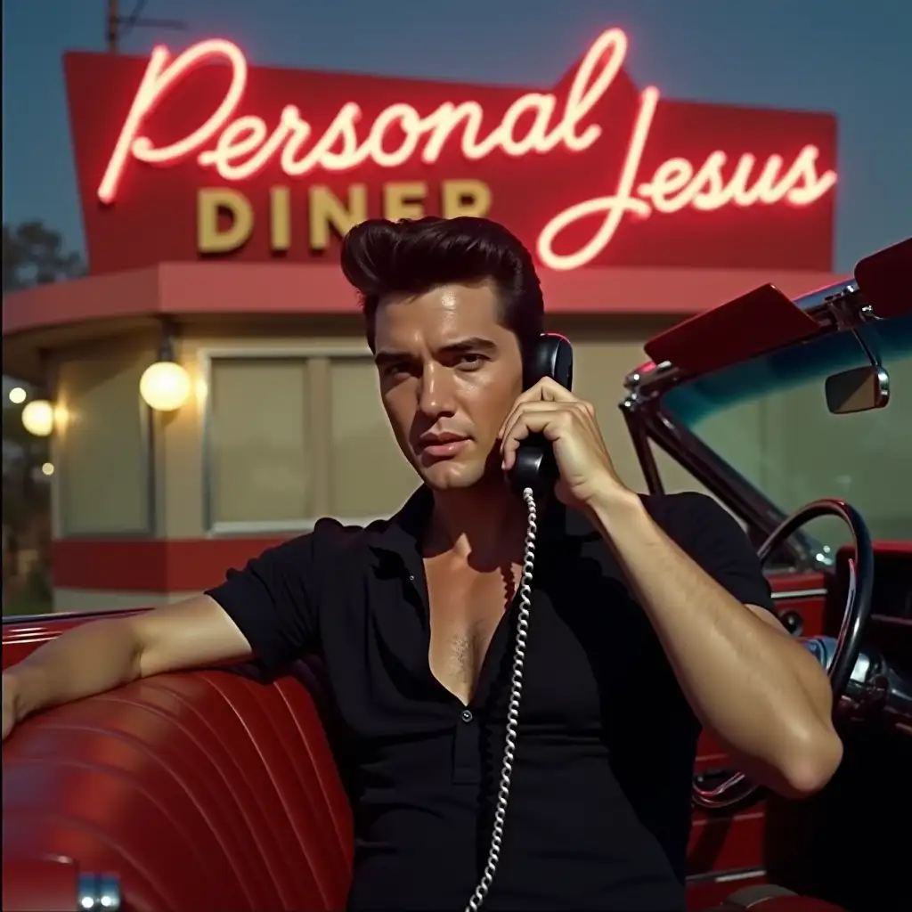 Create a photo of Elvis Presley circa 1960. He is sitting in his open top Cadillac on an old fashioned car phone with the receiver held against his ear. He is looking directly at the viewer with a lustful look and highly sexual demeanour. He is wearing a black polo shirt unbuttoned, showing part of his chest. The car is parked outside a typical retro American diner. There is a big red neon sign on top of the building illuminated, which says "Personal Jesus Diner"  