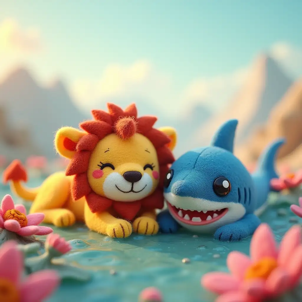 Cute-Lion-and-Shark-in-Dreamlike-Flower-Sea-with-Cloudy-Sky-and-Mountains