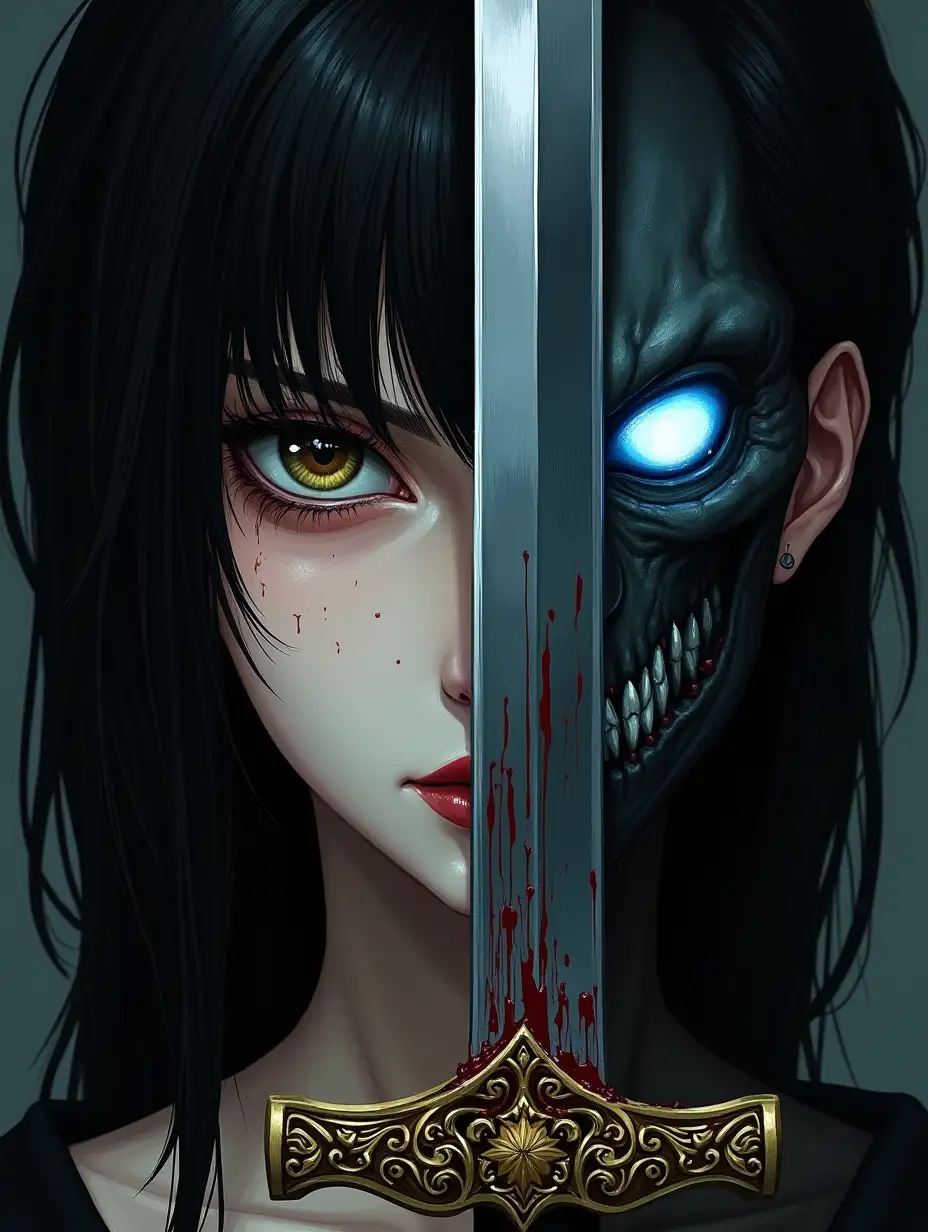 A black-haired woman, with an oval-shaped face that is both beautiful and eerie, revealing a sharp brown-green eye filled with a hint of resentment. The right half of her face is obscured by a vertically positioned sword, with a cold and determined expression. The blade covers the left side of her face, with streaks of blood on its surface. The sharp edge reflects a blue-black demonic face, whose glowing white eyes add a mysterious and ominous atmosphere. The sword hilt is intricately carved with gold decorations, and the background is dark-toned. The overall style is a detailed illustration with a strong dramatic feel.