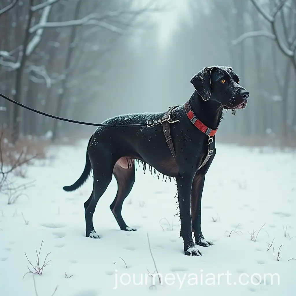 Melancholic-Painting-of-a-Decomposing-Dog-on-a-Leash-in-Snow