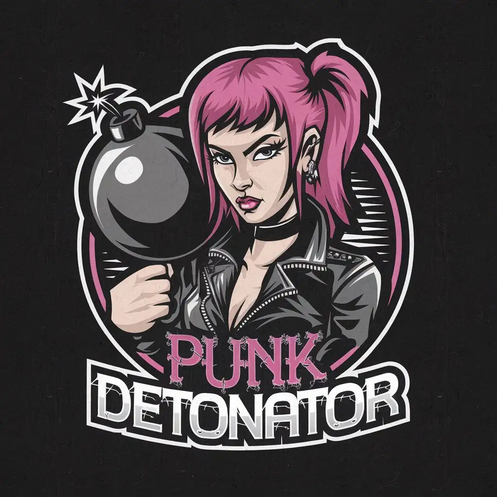 LOGO Design for Punk Detonator Vector Logo Featuring a Realistic Girl Punk with Pink Hair on a Black Background