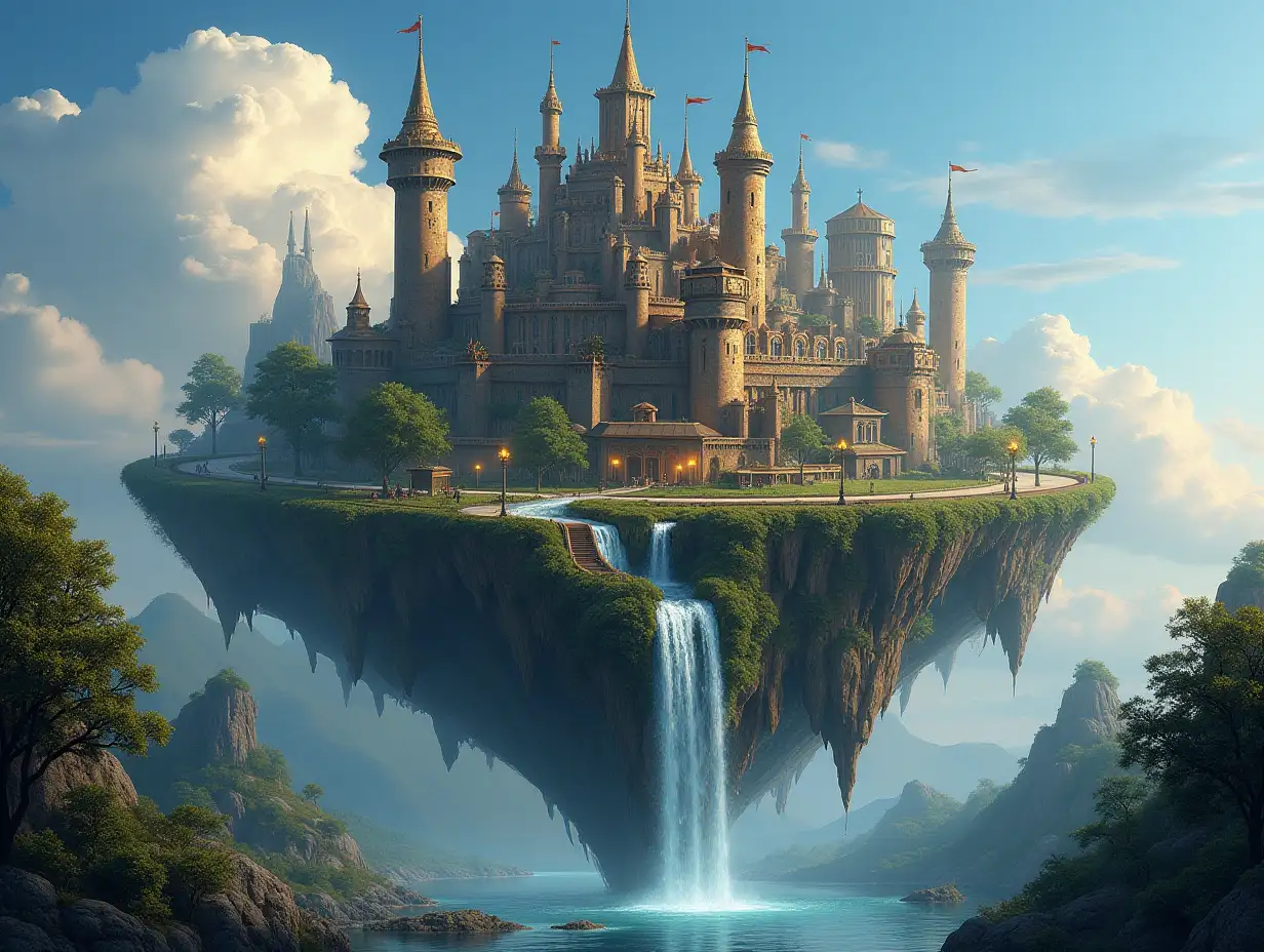 A Fantasy-style floating island world with a castle made of metal, towers adorned with bronze gears, bronze towers, streets with glowing lanterns, tree-lined water with waterfall, clear sky without clouds, Steampunk panorama