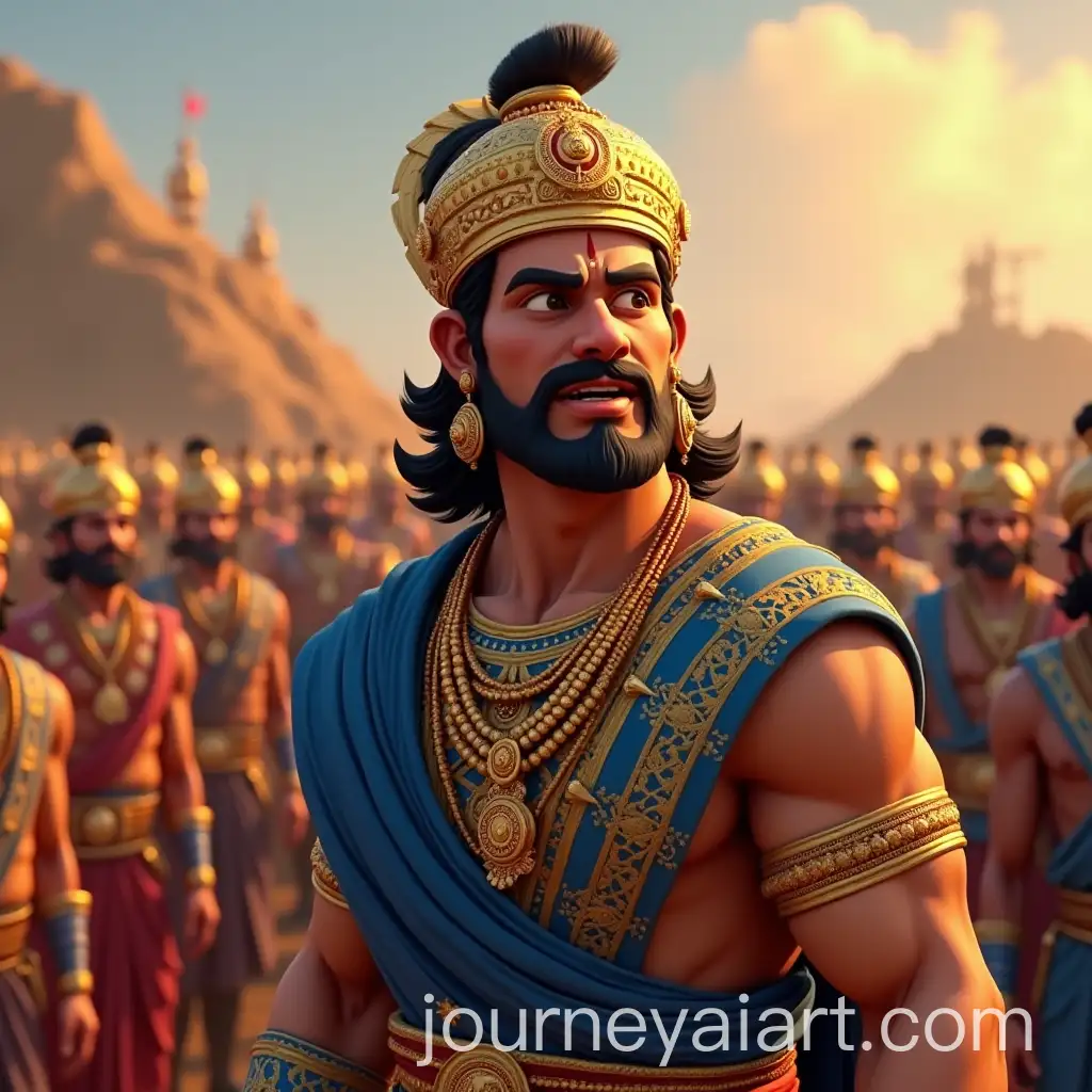 AI-Image-Prompt-ExpansionVibrant-Animated-Depiction-of-Indian-King-Raja-Bhoj-in-Royal-Blue-Attire-with-Army-Background