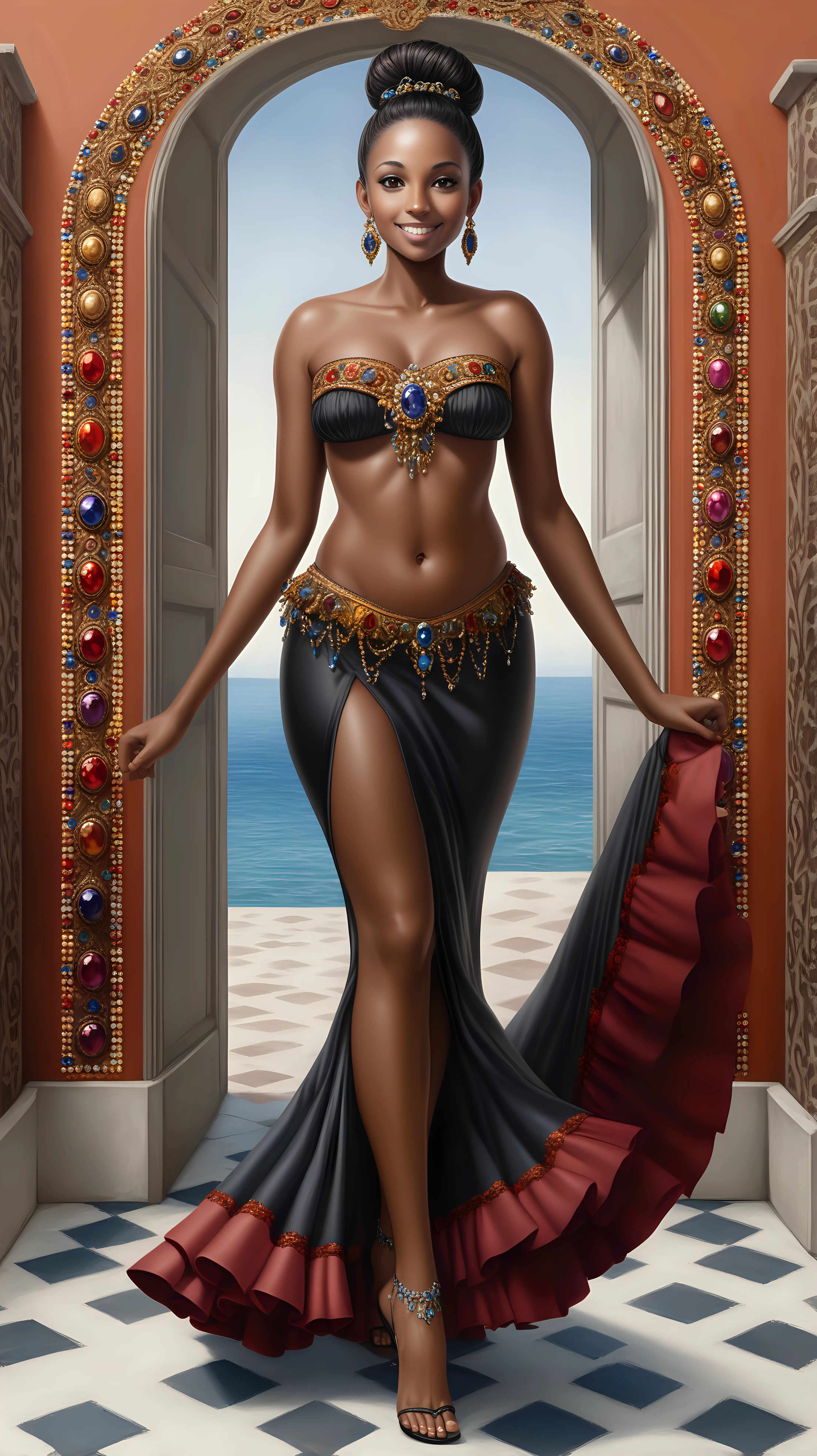 a hyperrealistic portret of a beautiful black woman with black hair with bun, brown eyes, dark-brown skin, only wearing long flamenco skirt and strapless micro-bikini top with Spanish ornamentation and jewels, walking elegantly and smiling shyly into the camera, front view, hyperrealistic,(full body)