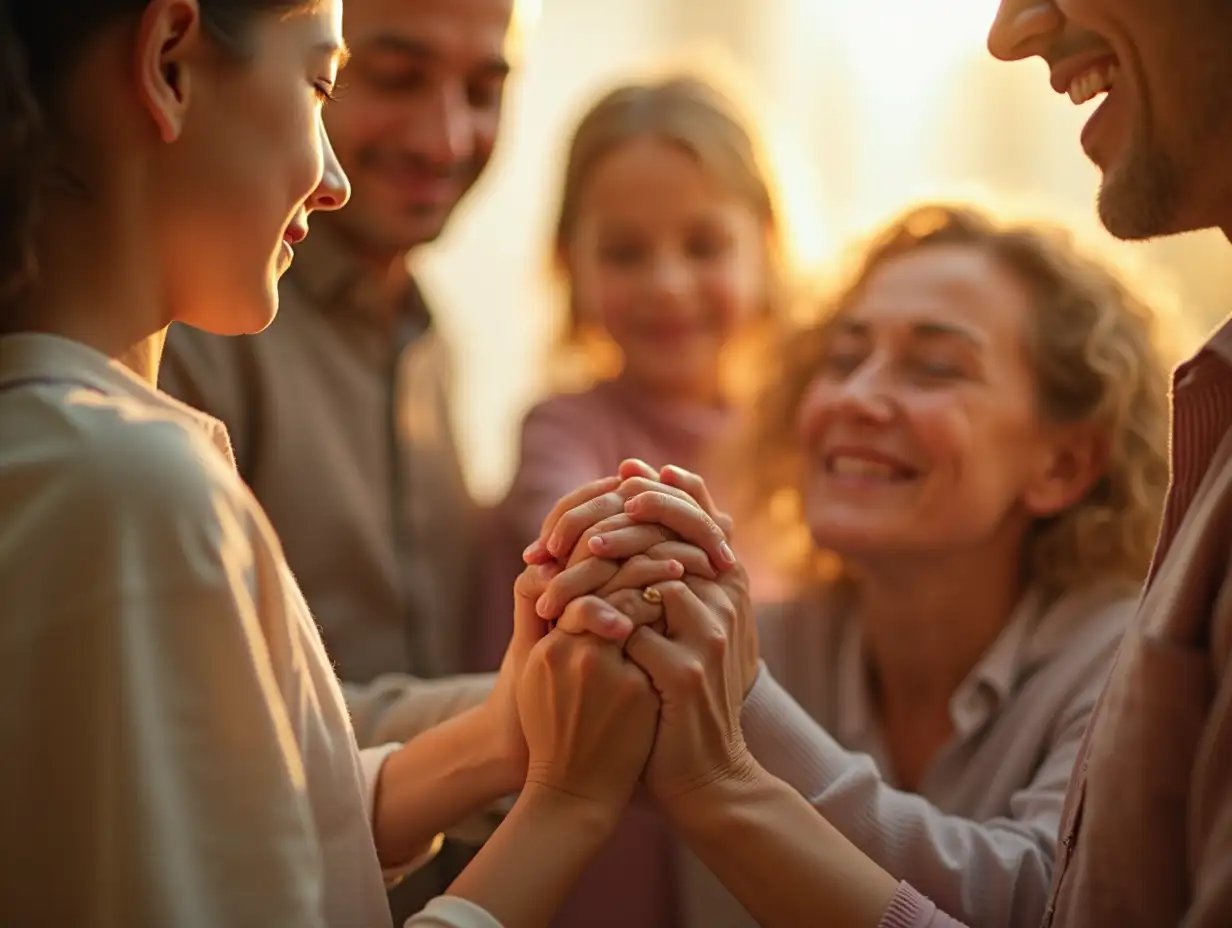 A close-up of a family holding hands in a circle, with different generations represented (children, parents, grandparents). They stand in a warmly lit room, with sunlight streaming in softly, casting a warm and hopeful glow. Each face shows peaceful expressions, symbolizing unity and love. The hands in the center are gently clasped, signifying connection and strength in unity. The background is slightly blurred but shows a cozy home setting, suggesting togetherness and restoration. The overall feeling is warm and uplifting, emphasizing family unity and healing.