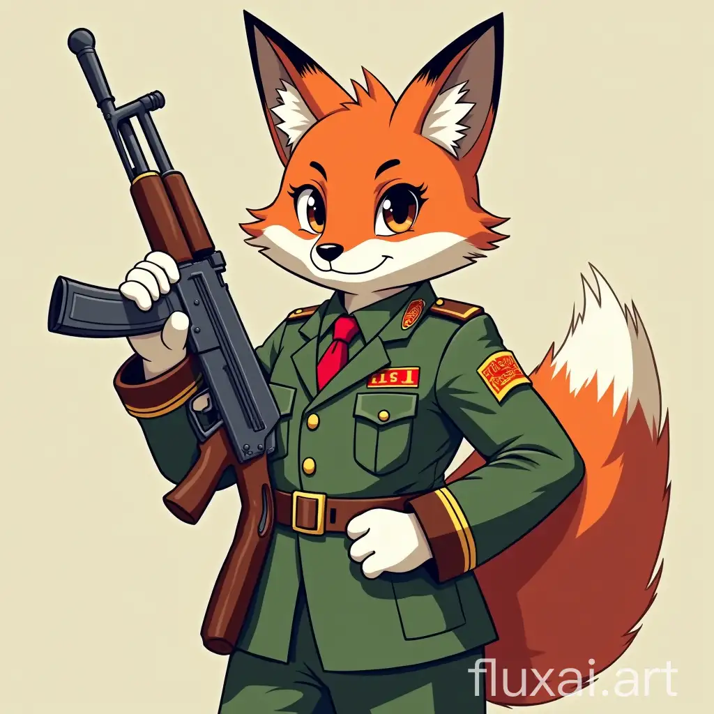 red fox in soviet military uniform, antropomorph,  white gloves, armed with AK47.  Anime Style