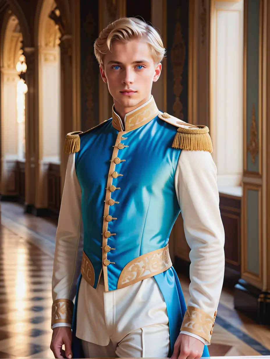 Young male, regal clothing, short blond hair, blue eyes, in palace